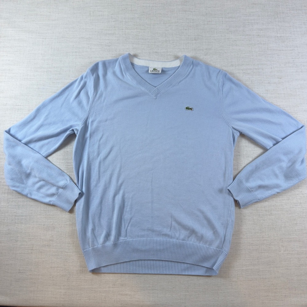 Lacoste Mens V-Neck Sweater Light Blue Knit Crocodile Logo Size 3 Small